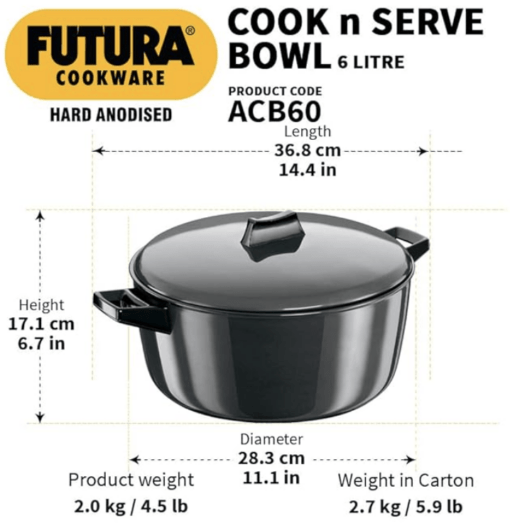 Hawkins Futura 6 Litre Cook n Serve Bowl, Hard Anodised Saucepan with Hard Anodised Lid, Sauce Pan for Cooking and Serving, Black (ACB60) (Aluminium) Visit the Hawkins Store - Image 3